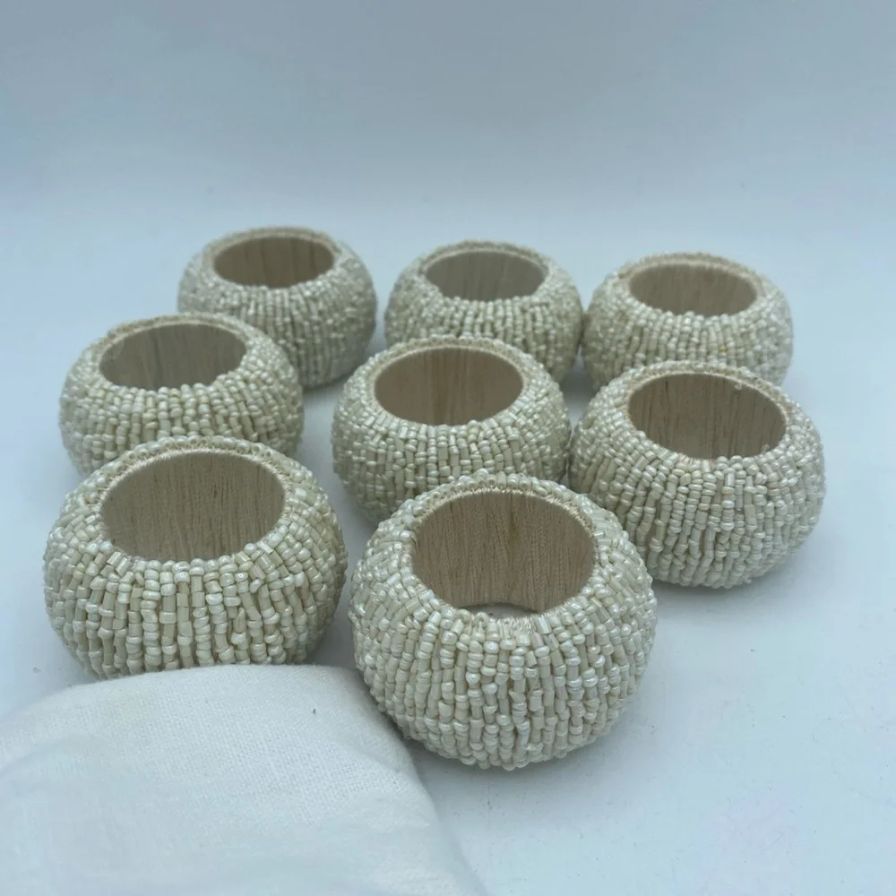 VTG Set Of 9 Beaded Cream Color Chunky Napkin Rings Holders